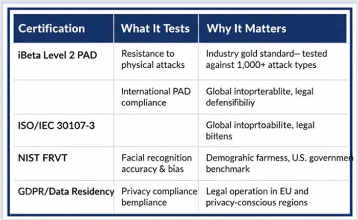 Table of anti-spoofing solution certifications