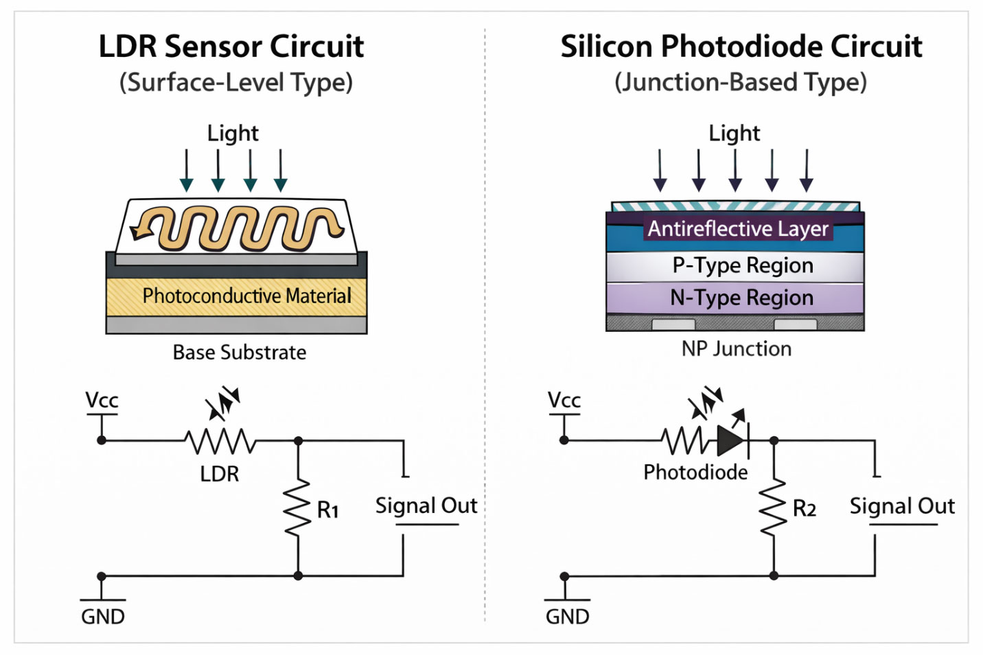 LDR sensor circuit and silicon photodiode circuit.