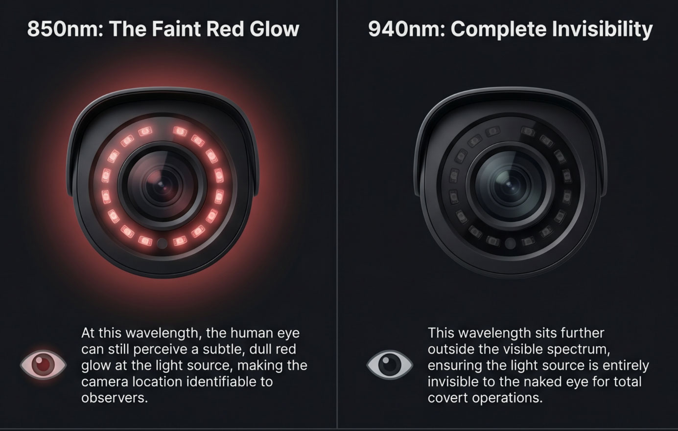 The closer the wavelength is to visible red light, the more likely humans are to notice a faint glow.