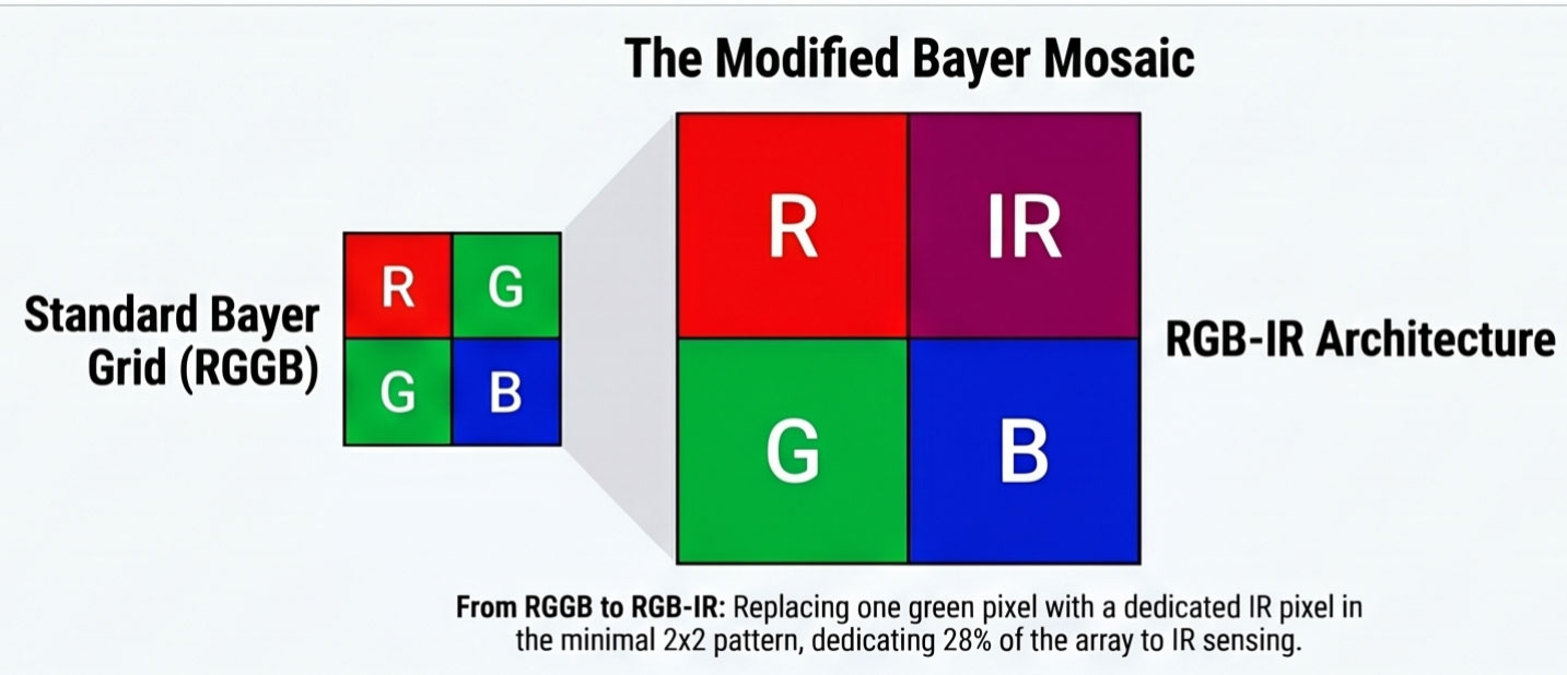 The sensor architecture that makes dual-channel capture possible is the RGB-IR mosaic.