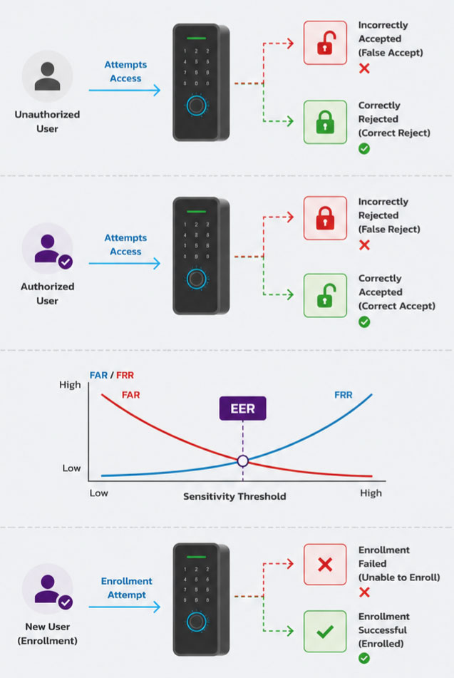 The ISO/IEC 19795 standard recommends an FAR of < 0.001% (1 in 100,000) for access control applications.