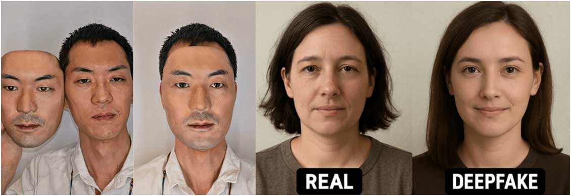 Comparison of real face, deepfake, and 3D mask