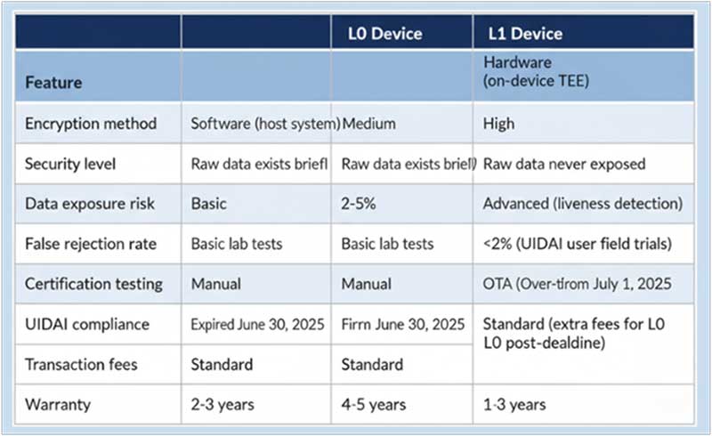 L0 vs L1 Biometric Device Comparison Table