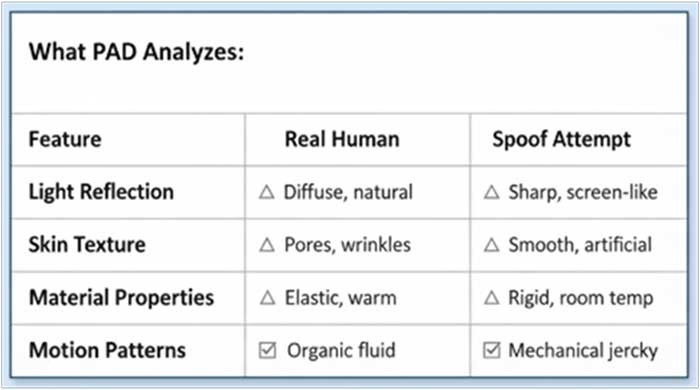 Table showing what PAD analyzes for real vs spoof