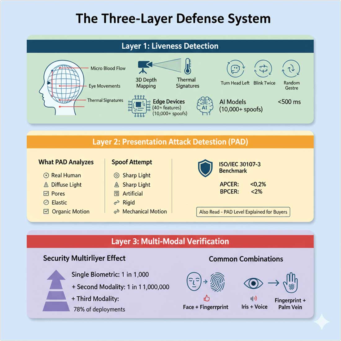 Diagram of the three-layer defense system: Liveness, PAD, and Multi-Modal